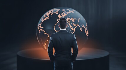 A Businessman Contemplates the Global Landscape, Facing a Futuristic World Map
