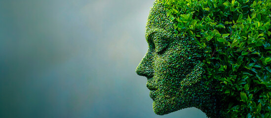 Rostro de mujer creado con hojas de arboles con espacio para texto