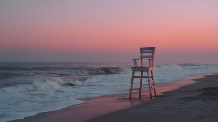 Lifeguard chair on beach at sunset ocean waves pink sky summer vacation travel destination scenic landscape