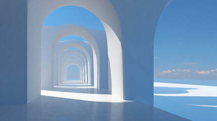 Fototapeta premium Architectural Archway: A bright view through a white hallway of rounded arches leads to a light-filled horizon, blending interior space with the sky.