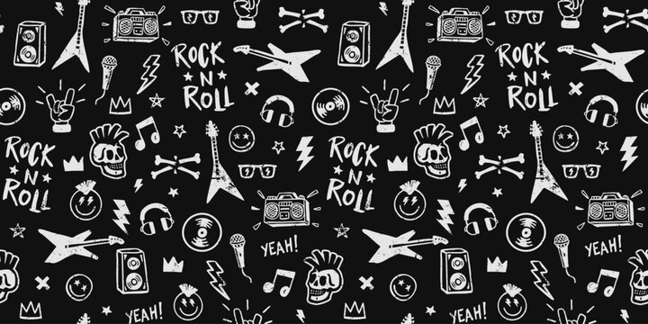Seamless rock and roll doodle pattern with guitars, skulls, music notes, boomboxes, and lightning. Perfect for apparel, posters, wallpapers, wrapping paper, stickers, and digital designs.