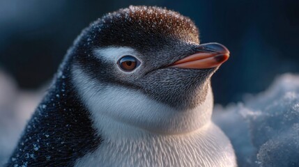 Gentoo penguin in snow: A captivating close-up of a Gentoo penguin amidst a wintry, snowy landscape. The penguin, with its striking orange beak.