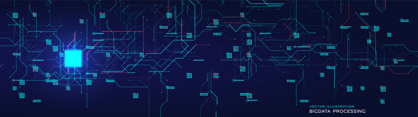 Blue glowing digital circuit chip background, AI processor network BG. Big Data cyber security pattern, neural system texture. Artificial intelligence technology backdrop. Vector illustration