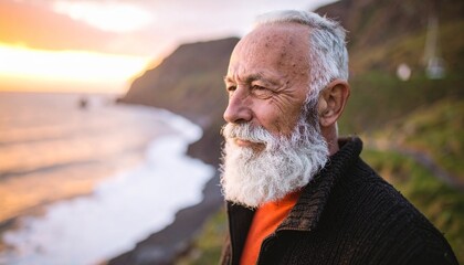 A Portrait Of An Older Man With A White Beard, Contemplating The Horizon At Sunset, Capturing Serenity And Reflection, Emphasizing Natural Light And Coastal Scenery.