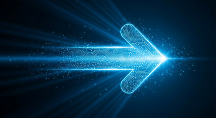 Futuristic glowing blue arrow with circuit board pattern, symbolizing technological advancement and digital direction in a modern design