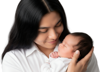 Tender Mother Cradles Sleeping Newborn Baby Sharing A Loving Gaze On A Transparent Background Isolate Infant