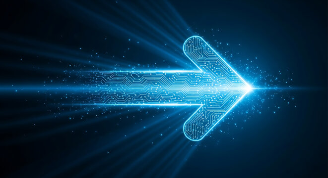 Futuristic glowing blue arrow with circuit board pattern, symbolizing technological advancement and digital direction in a modern design - Powered by Adobe