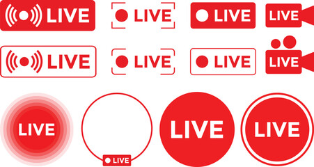 Live streaming red icon set. online stream icons. broadcasting buttons. social media channel
