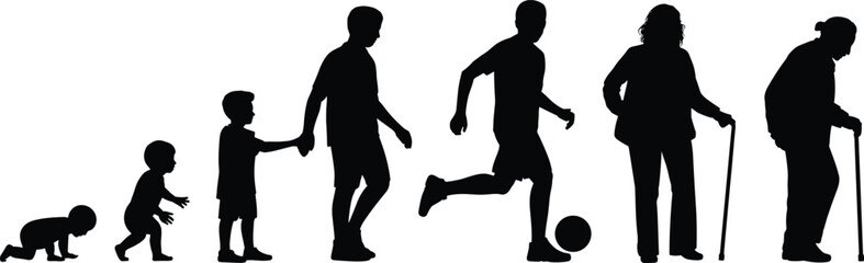 Human, life, stages, silhouette, age, evolution, growth, aging, childhood, adult, elderly, timeline, development, people, walking, crawling, running, cane, toddler, youth, maturity, old, vector, outli