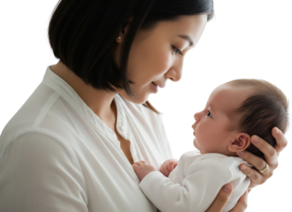 A tender moment mother gently holds her newborn baby gazing with love into its eyes isolate family parent