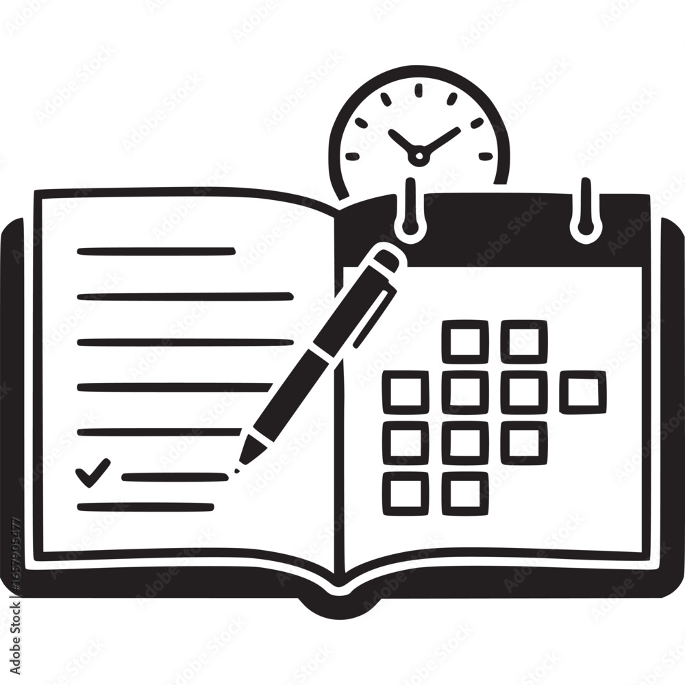Poster calendar, clock, and notebook for scheduling and planning, isolated on white background the image re