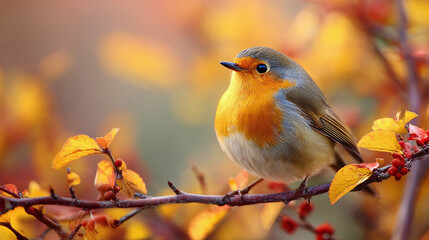 A vibrant robin perched on a branch amidst a backdrop of golden autumn leaves, bathed in soft light. A beautiful nature scene.