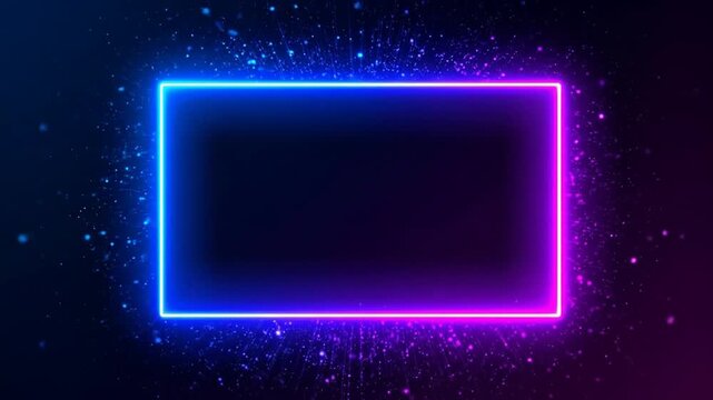 Neon rectangle glowing against a dark backdrop with scattered particle effects