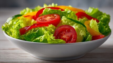 Vibrant Salad Bowl: A delicious, colorful salad bursts with fresh, crisp vegetables, beautifully arranged in a simple ceramic bowl, inviting a healthy and refreshing meal.