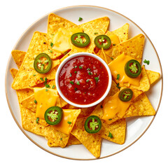 Delicious plate of nachos with cheese and salsa on transparent background