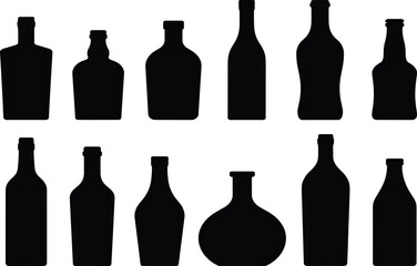 Bottle Silhouette Vector Set, Diverse Shapes and Sizes, Packaging Design Icons, Black Beverage Containers, Adobe Stock, SEO Graphics