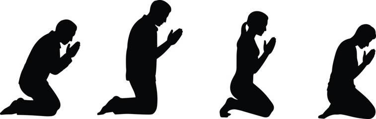 Prayer, silhouette, people, spiritual, meditation, worship, hands, clasped, bowing, faith, religion, devotion, black, outline, vector, man, woman, posture, belief, calm, reflection, gesture, sacred, p