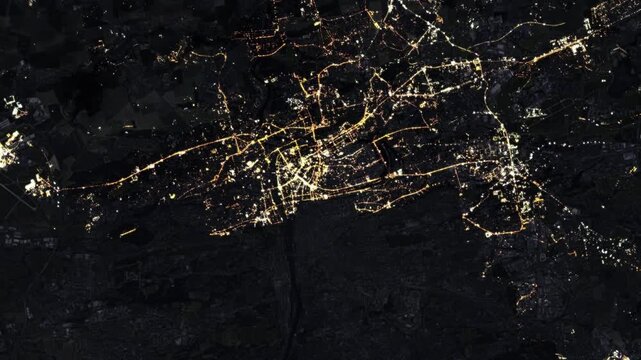 Electric power and internet outage at night in major big city. Enhanced with electric static audio.