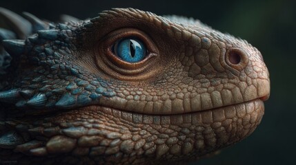 Fototapeta premium Mystical Gaze of the Dragon: The head of a dragon, rendered in stunning detail, its scales shimmering and eyes glowing with ancient wisdom, set against a dreamlike, atmospheric backdrop.