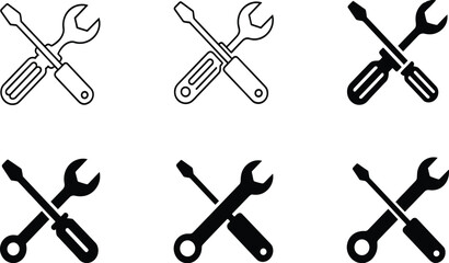 Cad drawing flat vector illustration of wrench and screwdriver icon, crossed tools, outline style, filled style, repair symbol, tool graphic
