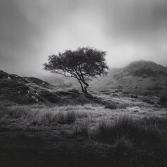 Obraz premium Isolated tree standing on grassy hillside in monochrome landscape 