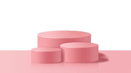 Pink 3D podium background with three cylinder platforms for product display or cosmetic presentation. Minimal design pedestal stage for branding, packaging mockups, and advertising scenes.