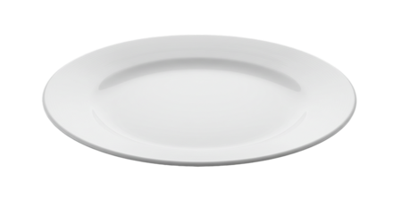 A simple white dinner plate displayed from a top down perspective on a stark dark setting transparent background PNG, Realistic