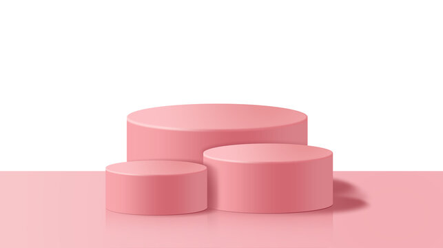 Pink 3D podium background with three cylinder platforms for product display or cosmetic presentation. Minimal design pedestal stage for branding, packaging mockups, and advertising scenes.