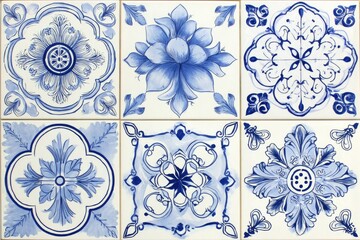 Decorative ceramic tiles in a 3x2 grid, featuring intricate blue floral and geometric patterns on a cream background
