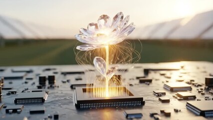 A futuristic concept of renewable energy featuring a glowing flower growing from a computer chip with solar panels in the background, symbolizing sustainable technology - Powered by Adobe