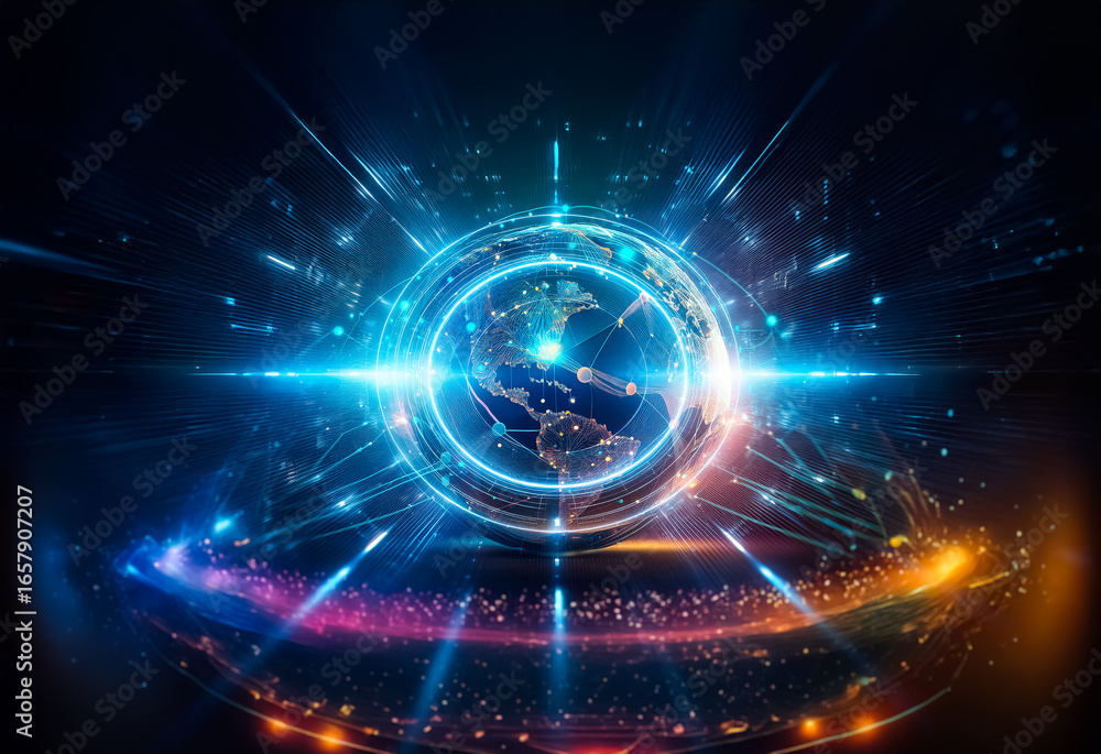 Poster a glowing orb representing the earth with a network of lines radiating outward from it, creating a g