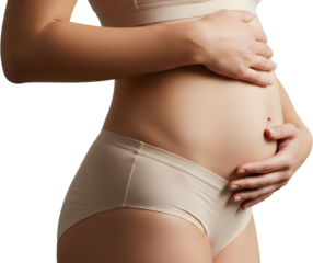 Close up of a woman's pregnant belly being held gently by hands pregnancy stomach abdomen female expecting transparent background