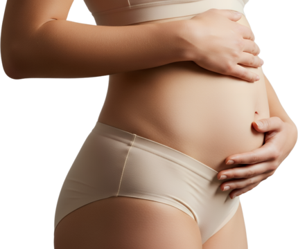 Close up of a woman's pregnant belly being held gently by hands pregnancy stomach abdomen female expecting transparent background - Powered by Adobe