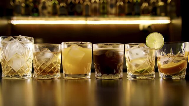 Variety of Golden Cocktails in Cut Crystal Glasses Displayed on a Shiny Bar Counter with Ambient Lighting and Dark
