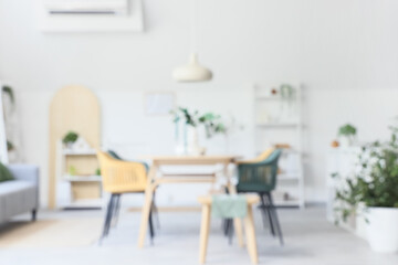 Blurred view of light room with dining table and plants