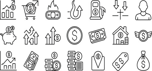 Finance icon set, economic vector symbols, money growth, inflation, investment, dollar signs, market trends, banking, fintech, line art