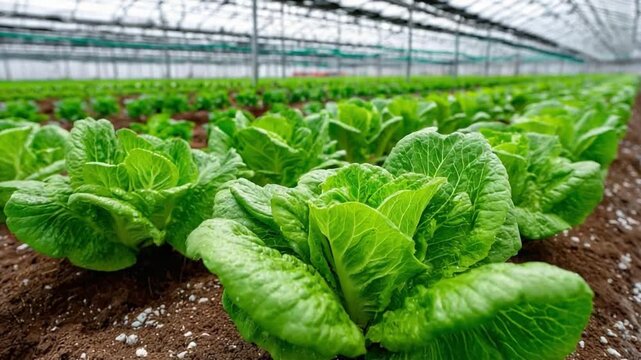 Greenhouse Harvest: A vibrant visual feast showcasing flourishing rows of lettuce within a greenhouse, celebrating the synergy of nature and cultivation.