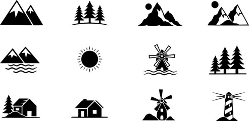 Naklejka premium Nature landscape icons vector set mountains trees sun sea house windmill lighthouse minimal design for web 