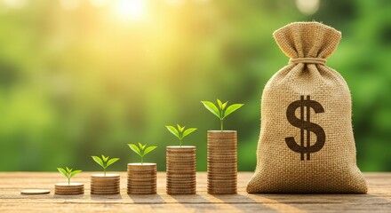 Stacks of coins and a money bag symbolize financial growth and investment