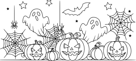 Outlined halloween themed illustration featuring pumpkins, ghosts, spiderwebs, and star shapes design
