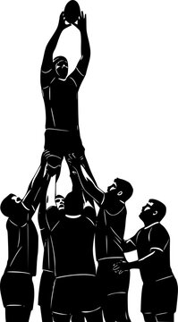 Dramatic rugby lineout players forming a human tower reaching for the ball in intense black silhouettes against a stark
