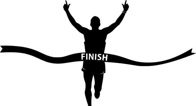 Triumphant runner crossing finish line victorious athlete celebrating amazing race win strong silhouette graphic bold
