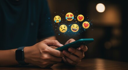 Person using smartphone with emojis floating above the screen in a dark room