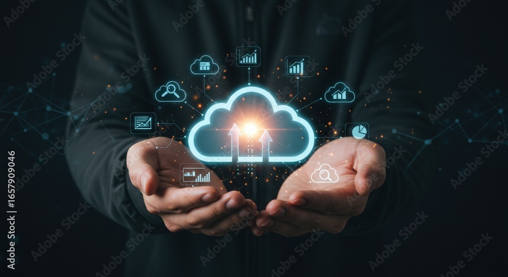 Poster person holding a cloud computing icon with data and network connections