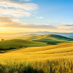 Fototapeta premium Golden wheat field under beautiful sunset sky