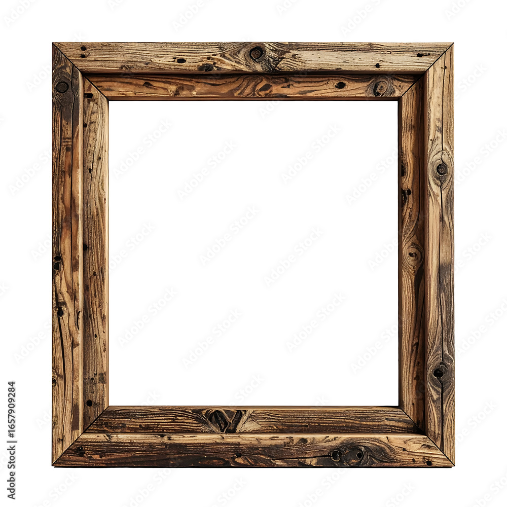 Poster rustic wooden picture frame with visible grain on transparent background