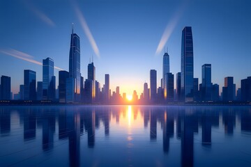 Obraz premium Modern City Skyline at Sunrise with Water Reflection