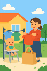 A mother is hanging clothes on a clothesline in the backyard while her baby sits in a baby chair
