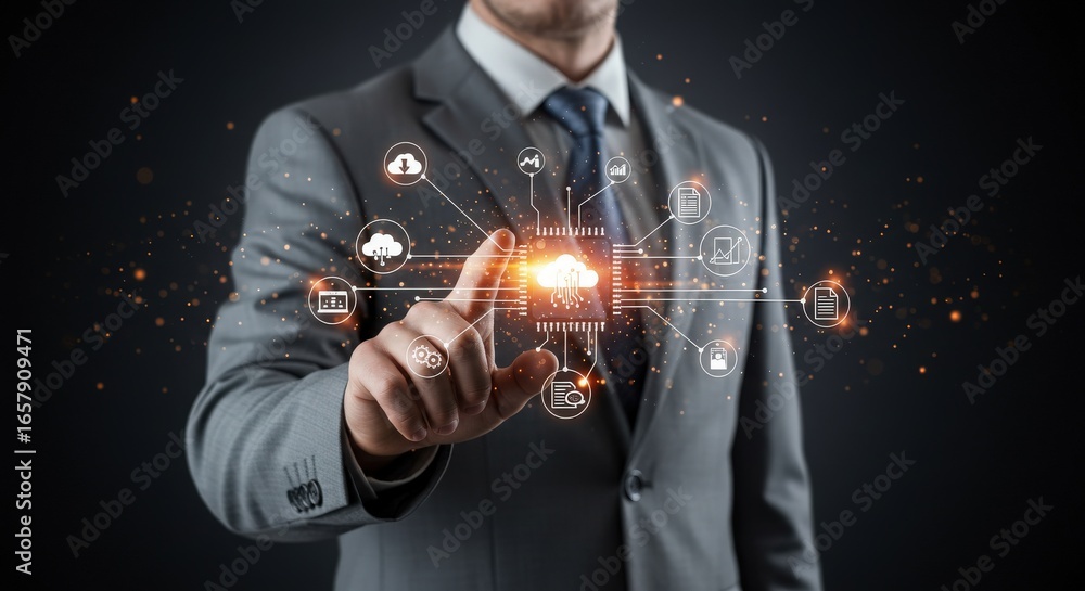 Poster executive using cloud computing interface for business management and connectivity