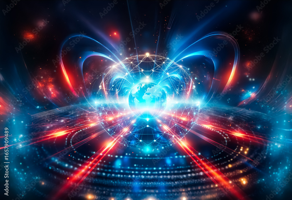 Poster a glowing orb representing the earth is encased in a network of connected lines, symbolizing global 